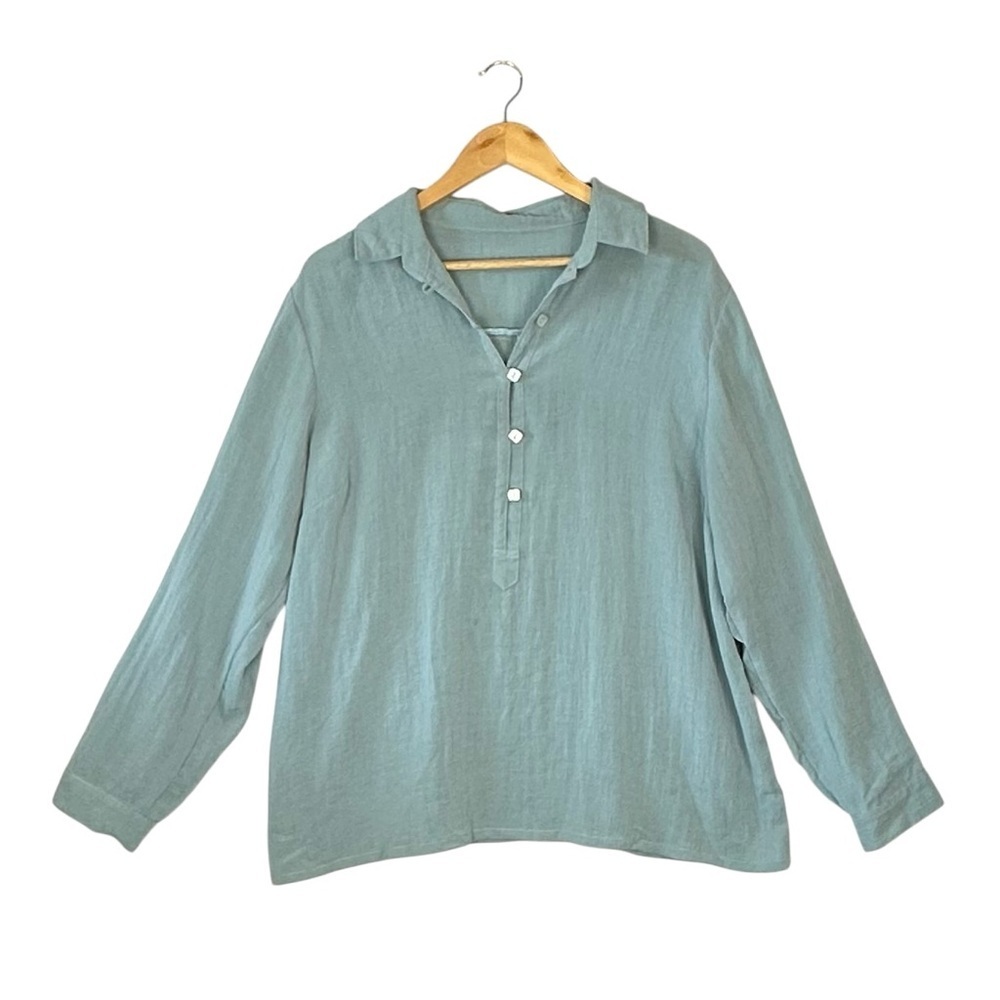 FRIDAZE Solid Aqua 100% Linen Button Up Casual Shirt Roll Tab Square Buttons XL